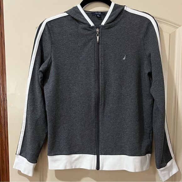 Nautica Jackets & Blazers - NAUTICA Long Sleeve Hooded Zip-Up Jacket Gray White Women’s Size Medium